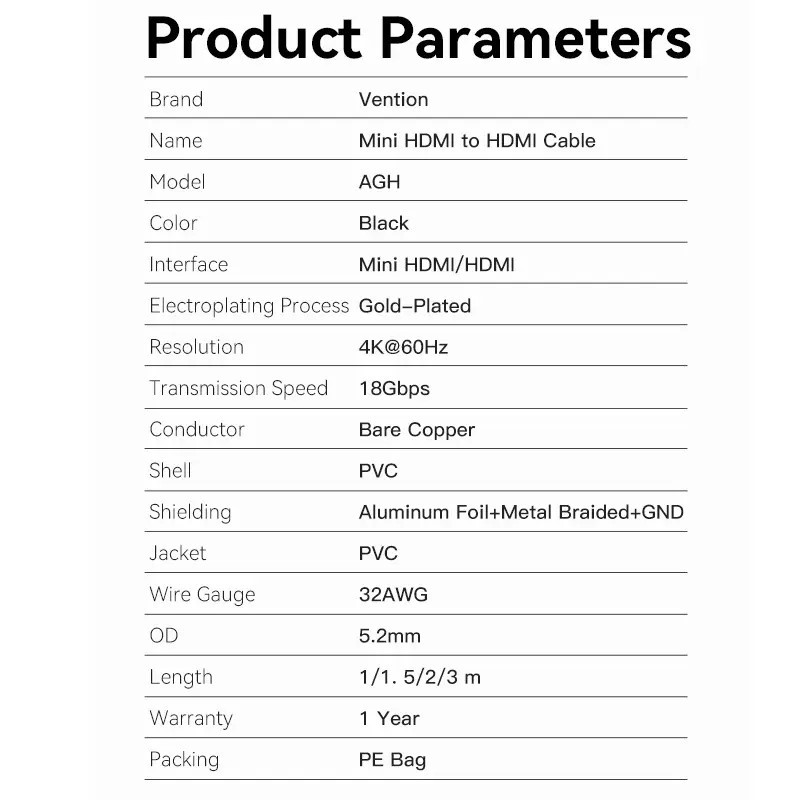 Кабель Vention mini HDMI - HDMI 2.0 4K/60Hz 18 Гбит/с (3м)